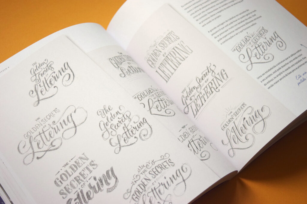 Páginas mostrando versões de composição para o mesmo texto “The golden secrets of lettering” 