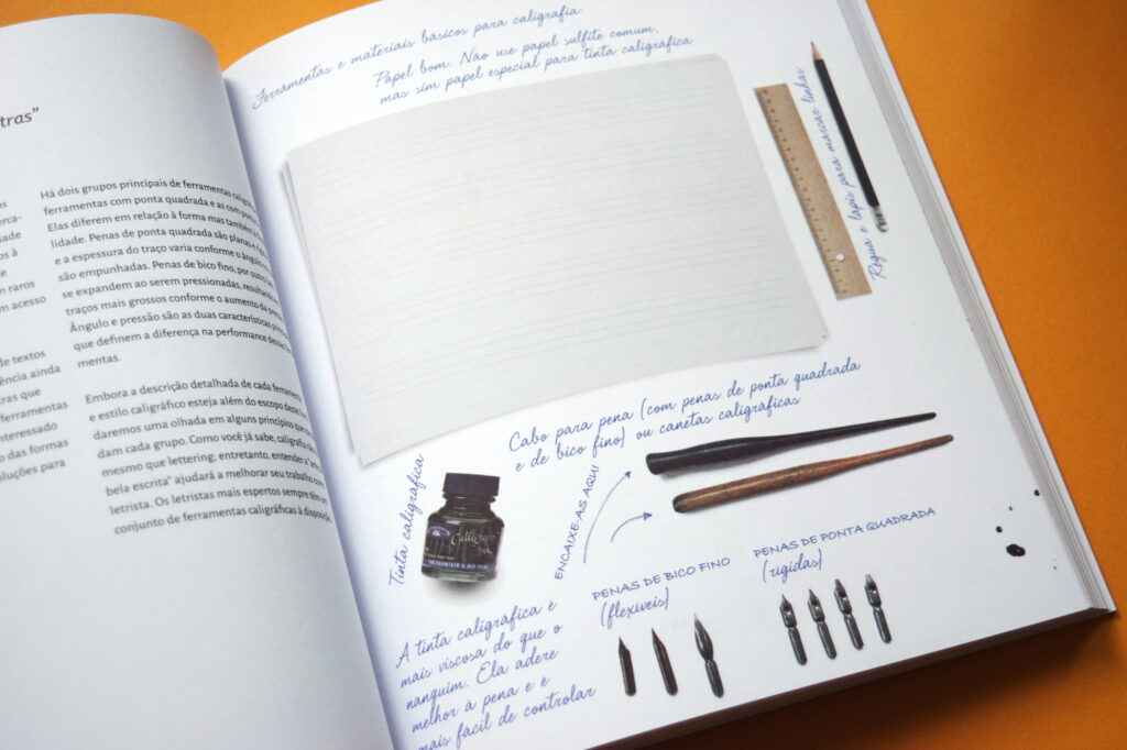 Trecho do livro com fotos dos materiais (penas, cabos, tintas e papéis)