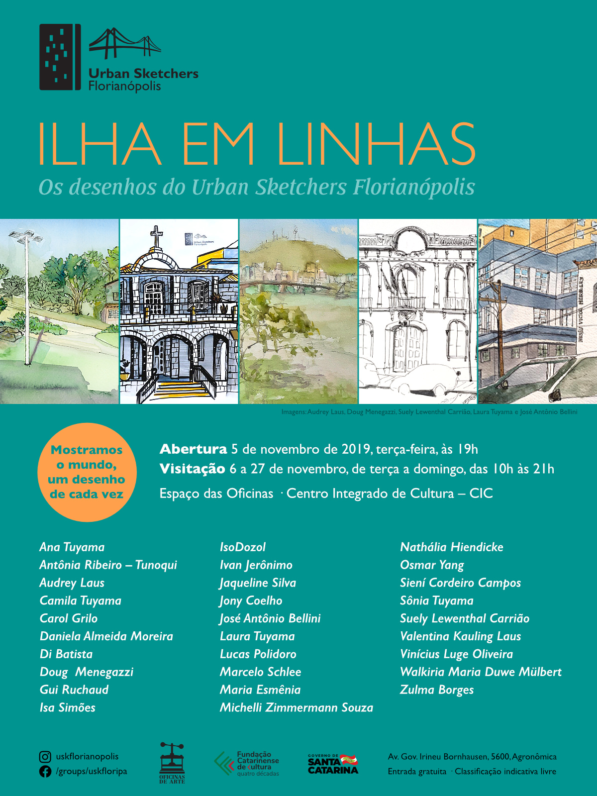 Convite da exposição “Ilha em Linhas – Os desenhos do Urban Sketchers Florianópolis”