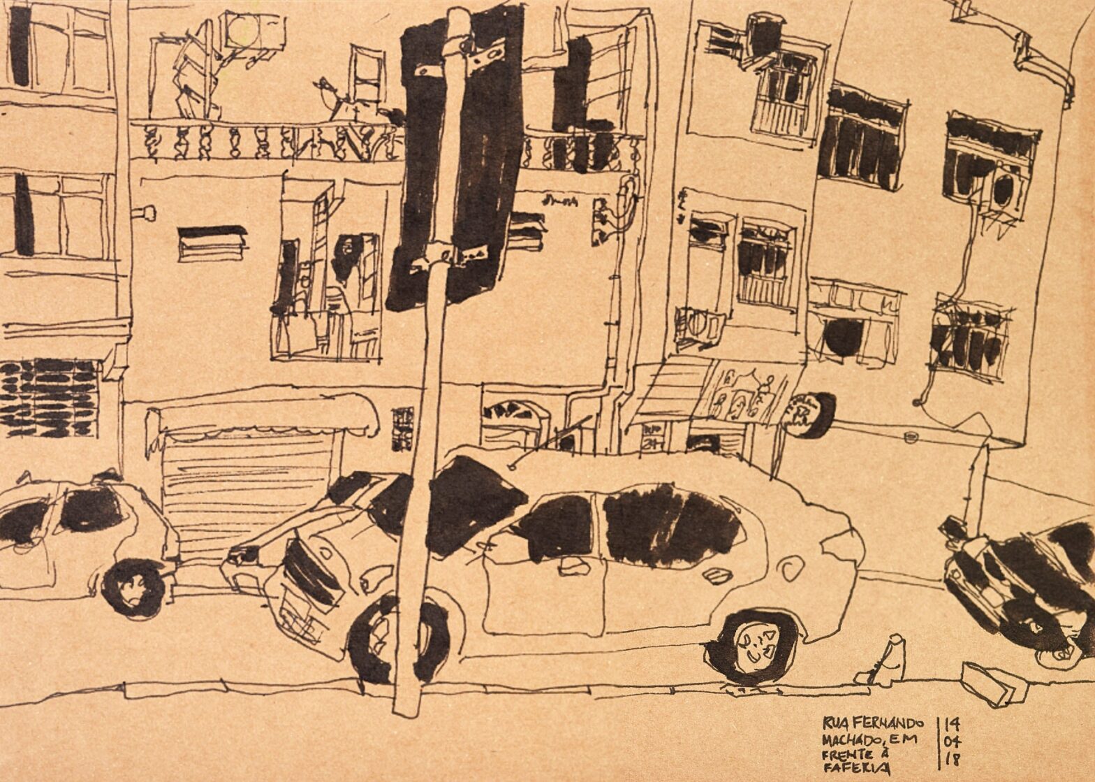 Desenho em caneta preta sobre papel kraft marrom mostrando carros estacionados em frente a fachadas de pequenos prédios residenciais