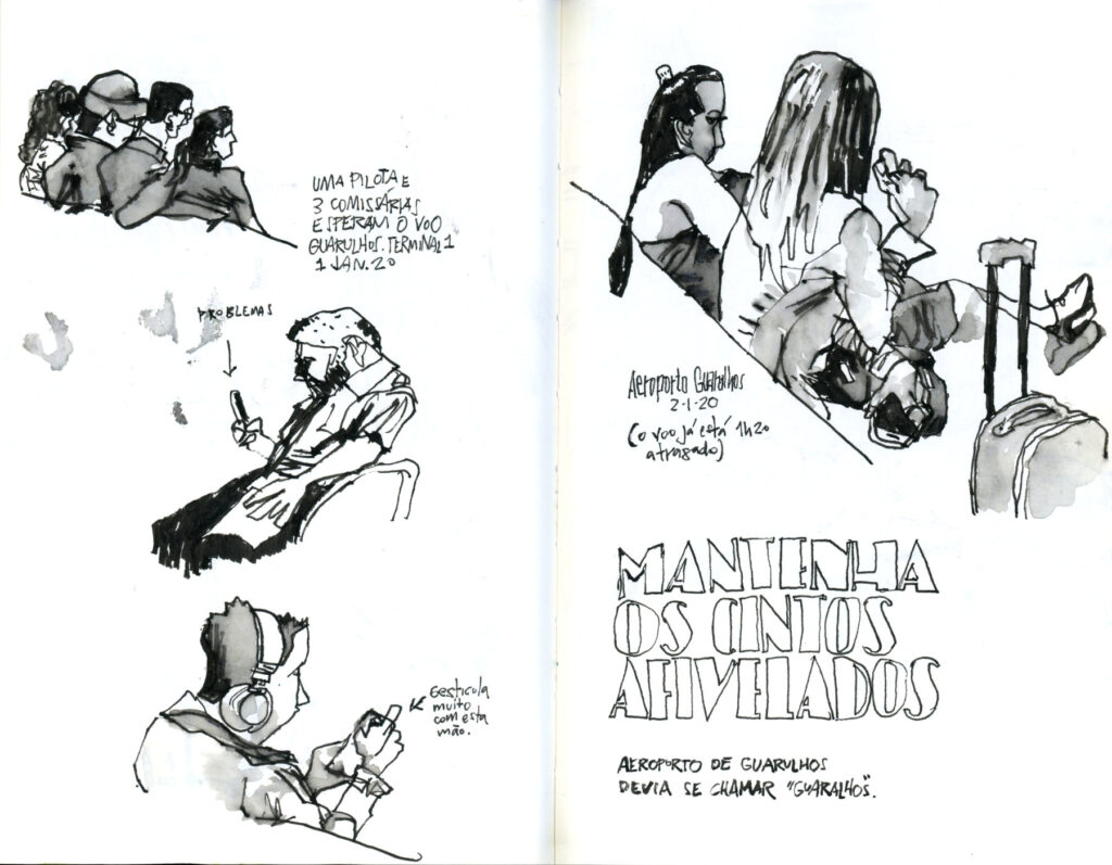Página dupla de caderno com desenhos de passageiros no celular, conversando e com fone de ouvido