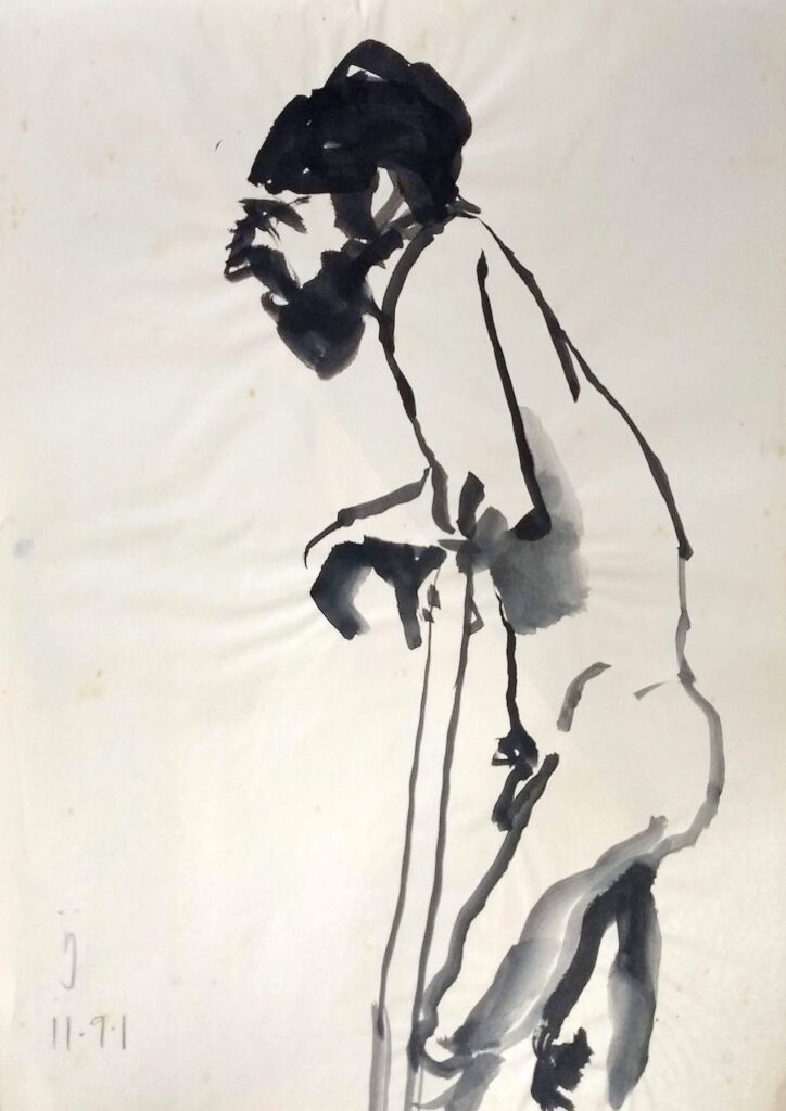 Desenho em nanquim mostrando um homem de barba, em pé, de lado, apoiado em uma moldura