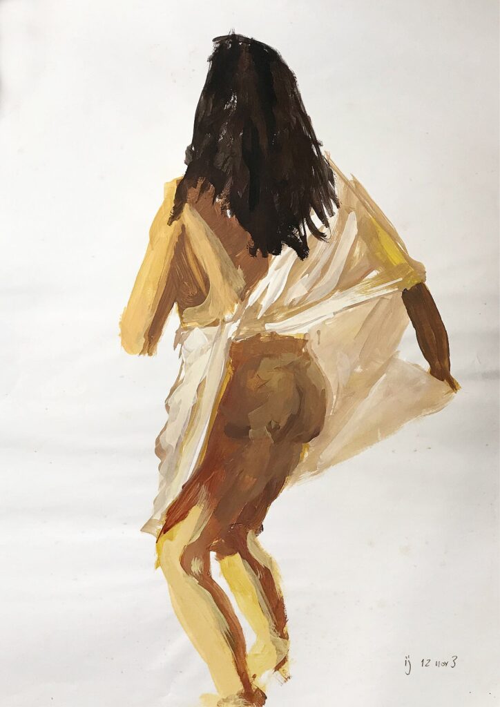 Pintura em acrílico de uma mulher de costas, envolvida em um pano branco