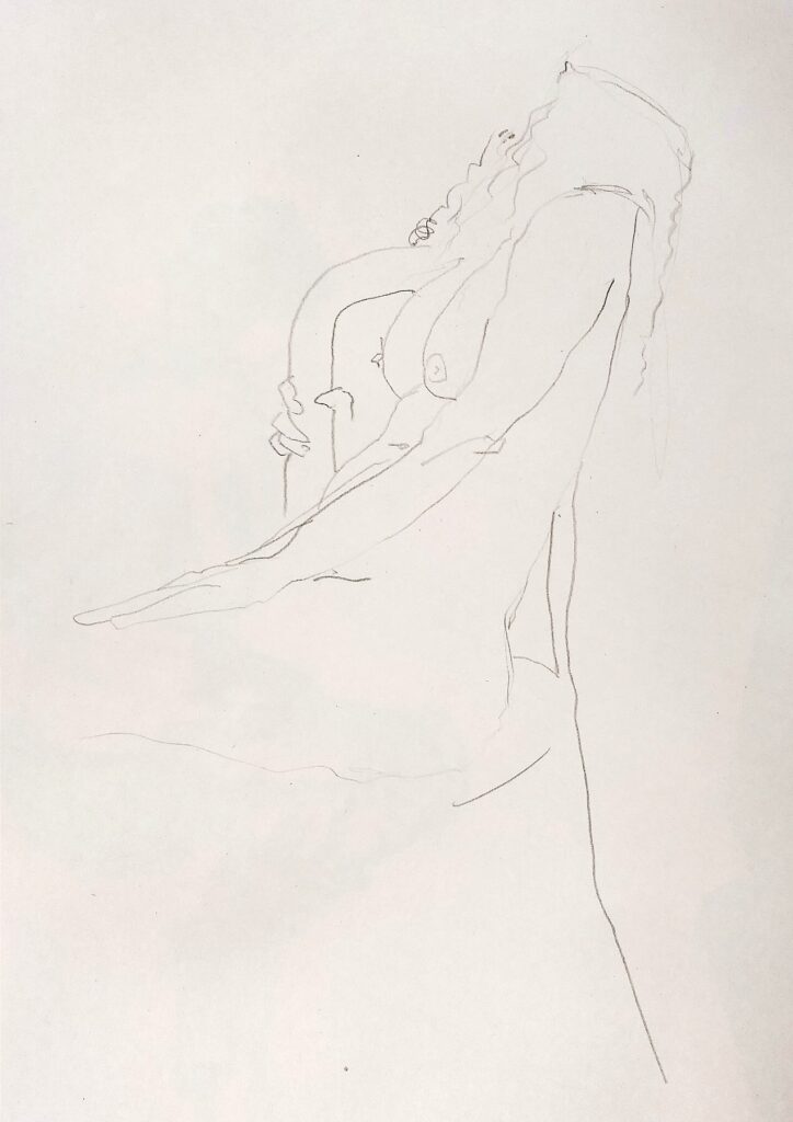Desenho a grafite de uma mulher sentada