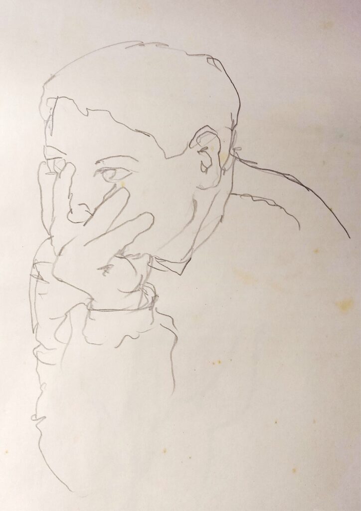 Retrato a lápis de um rapaz com a mão no rosto