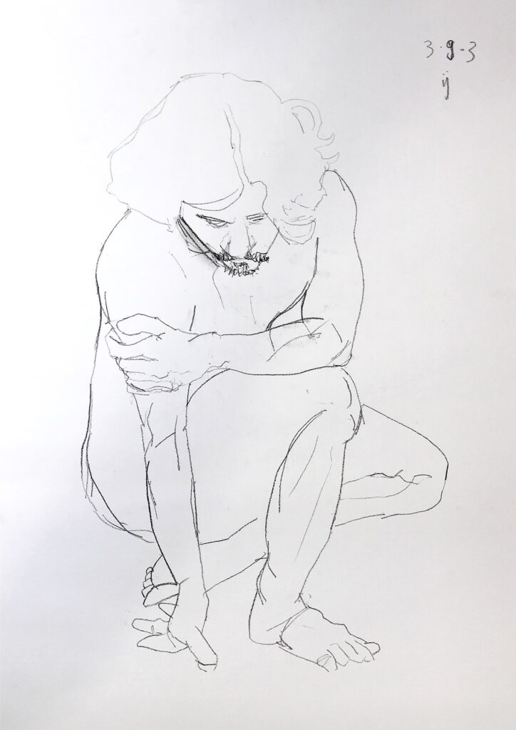 Desenho a crayon de um homem abaixado, com uma das mãos no chão