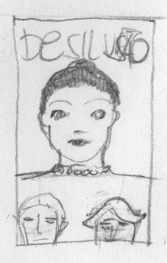 Desenho a lápis com busto de mulher e duas cabeças de homens sobrepostos aos seios