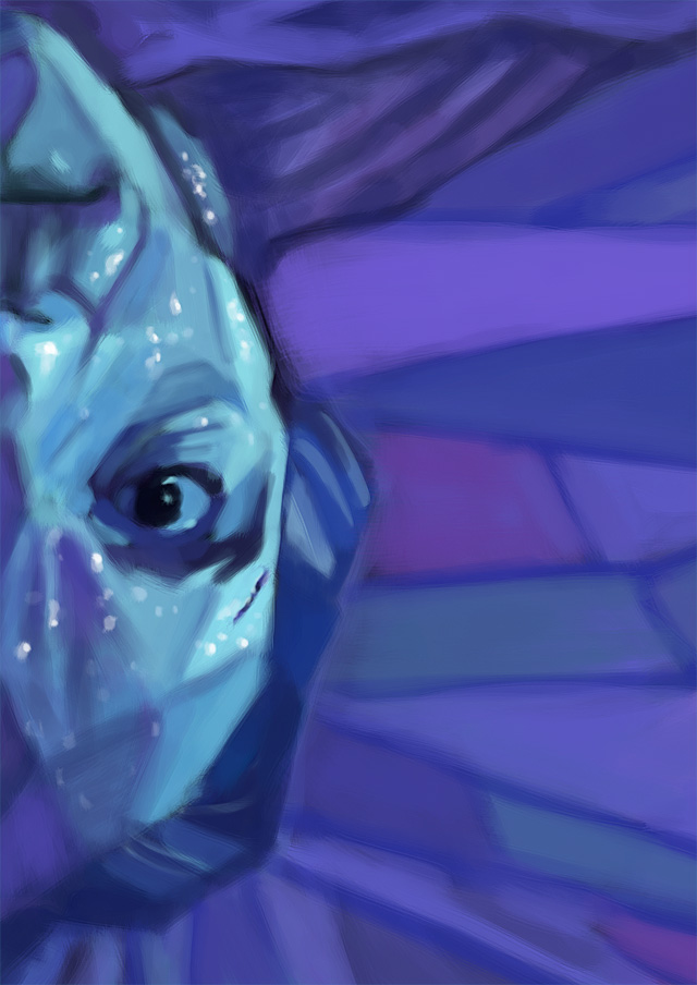 Pintura em tons azuis com o personagem de cabeça para baixo
