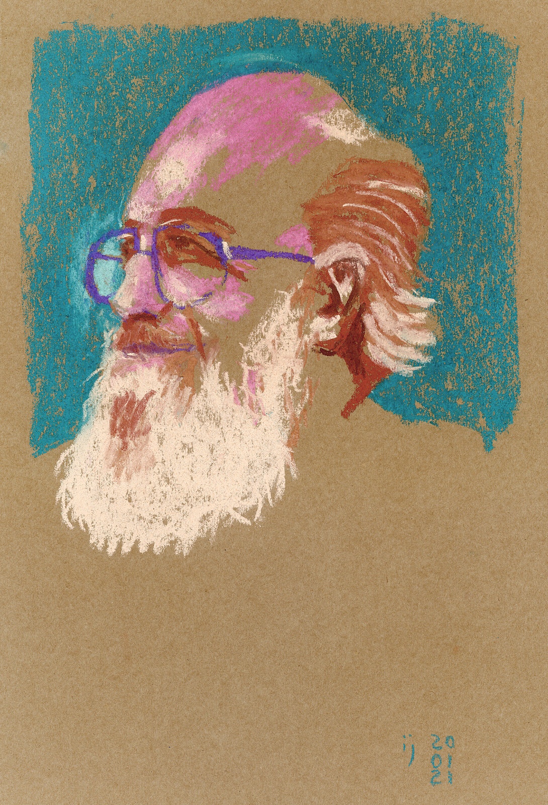 Retrato em pastel seco de Paulo Freire visto em três quartos, de barba branca e óculos