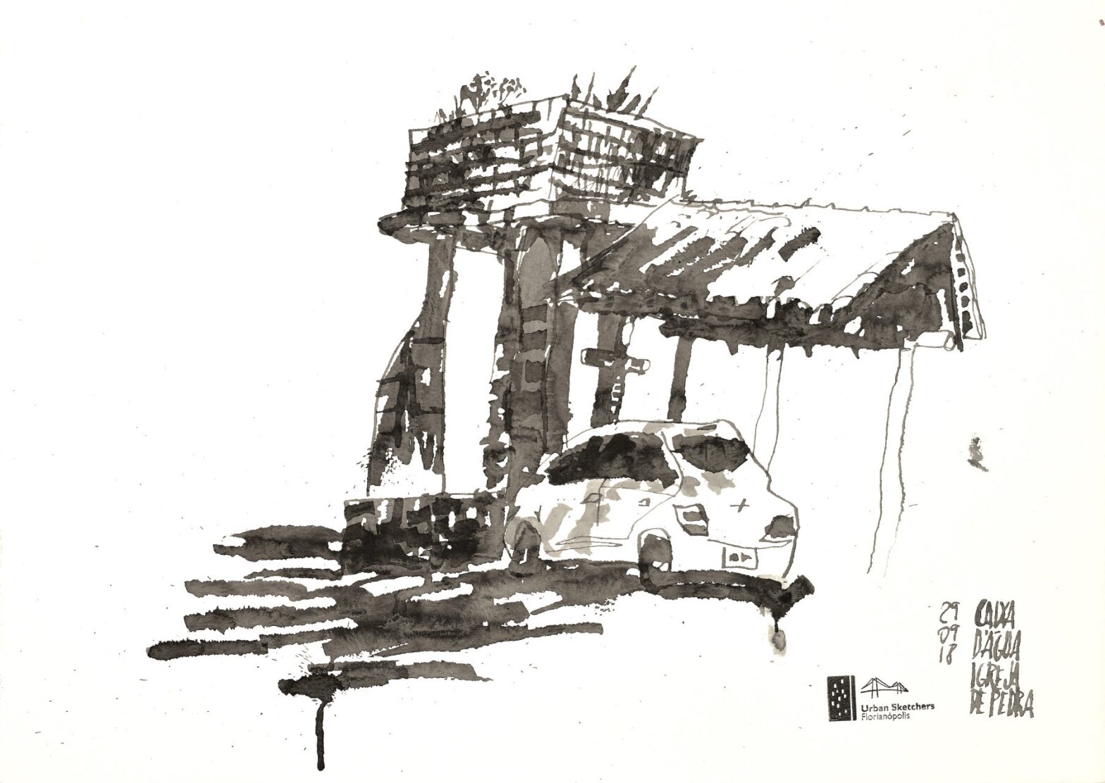 Desenho em tons de cinza mostrando uma caixa d’água, uma cobertura com telhas é um carro