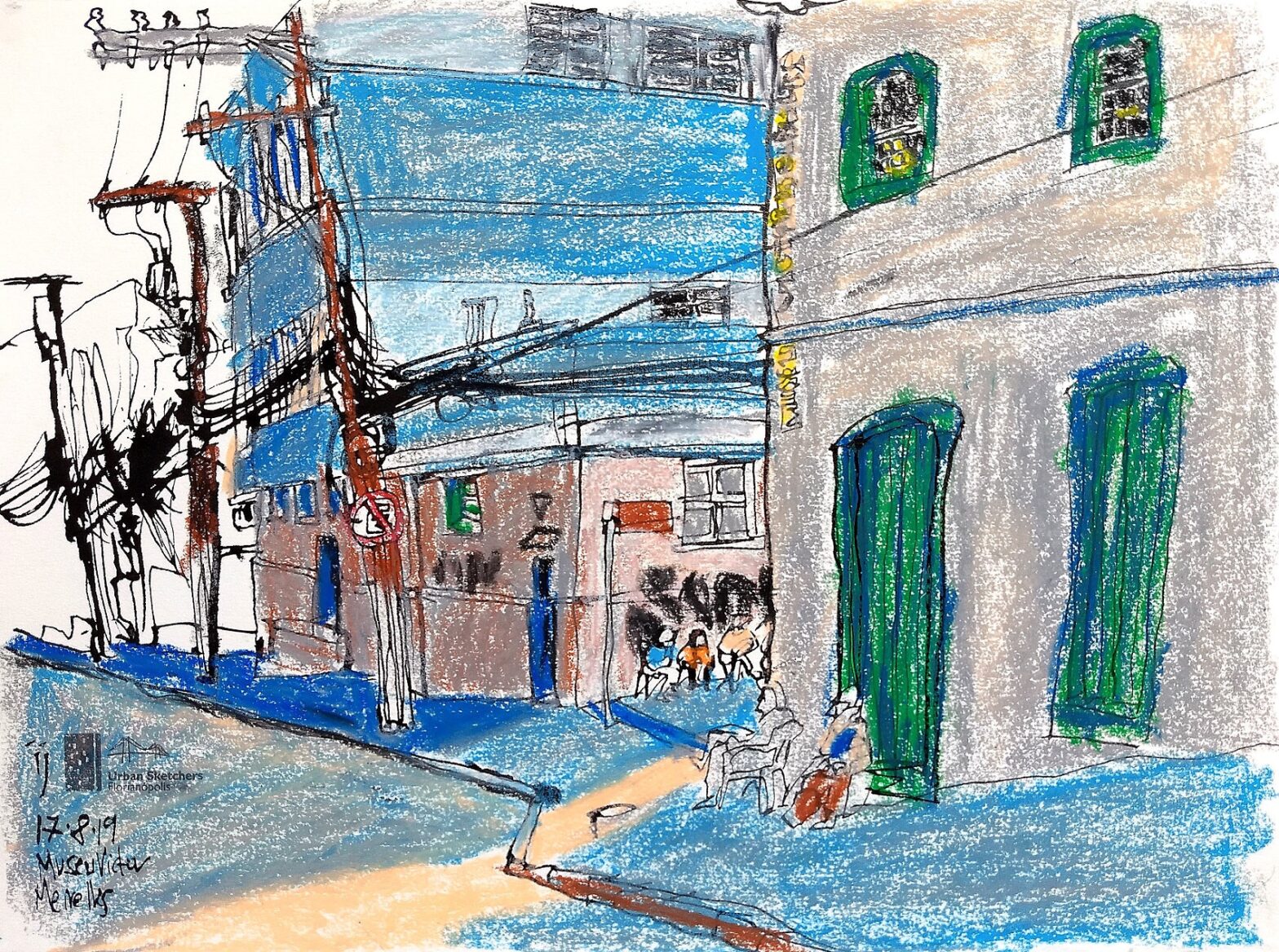Desenho colorido mostrando os prédios, os postes e algumas pessoas sentadas