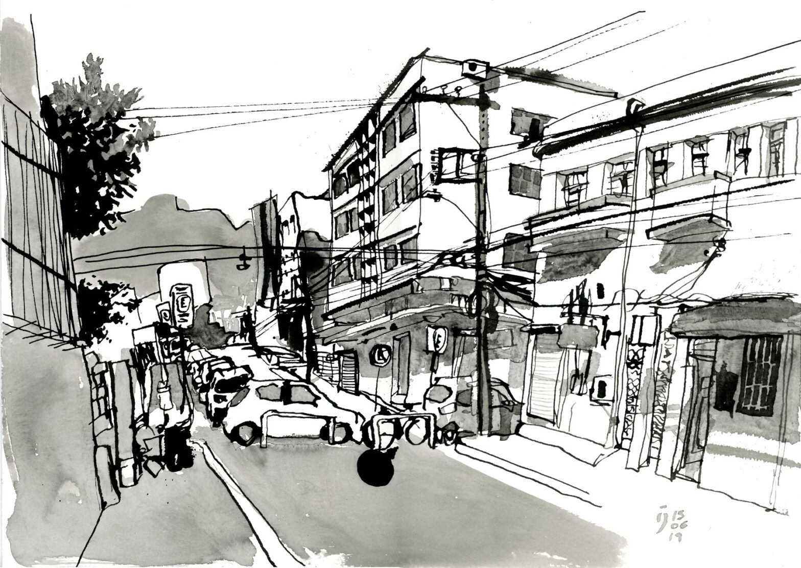 Desenho a traço em nanquim mostrando esquina de duas ruas com prédios, carros estacionados e postes