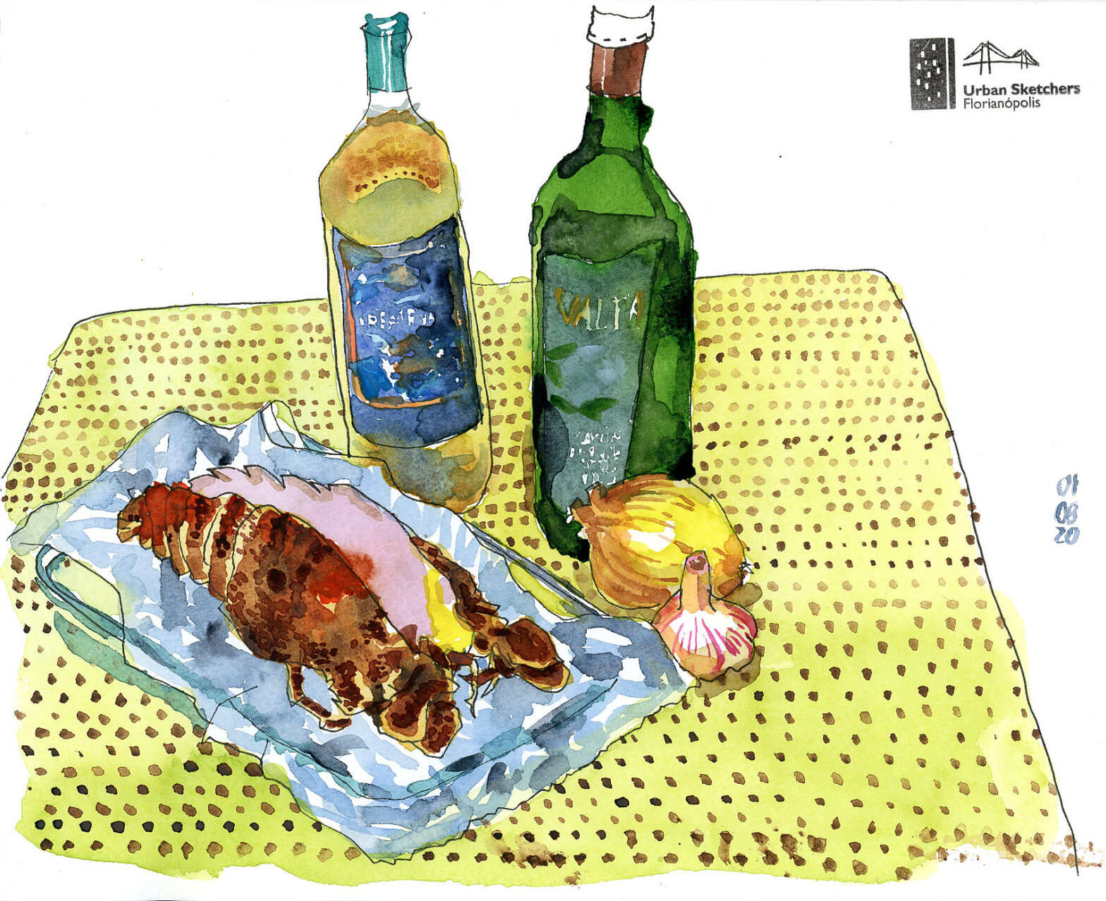Desenho em aquarela de uma lagosta serrada ao meio com cebola, alho e duas garrafas ao fundo
