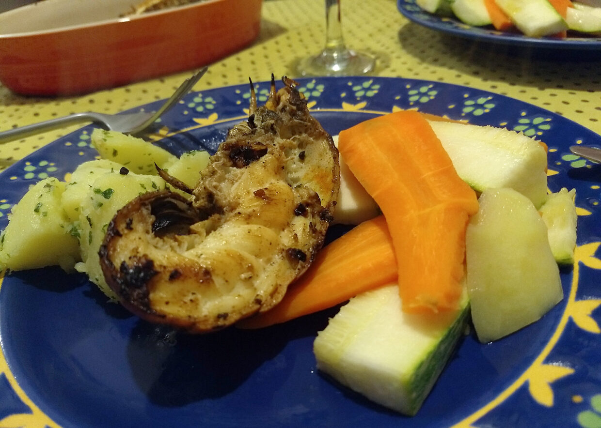 Lagosta cortada ao meio preparada com cenoura, abobrinha e batata sobre um prato azul escuro