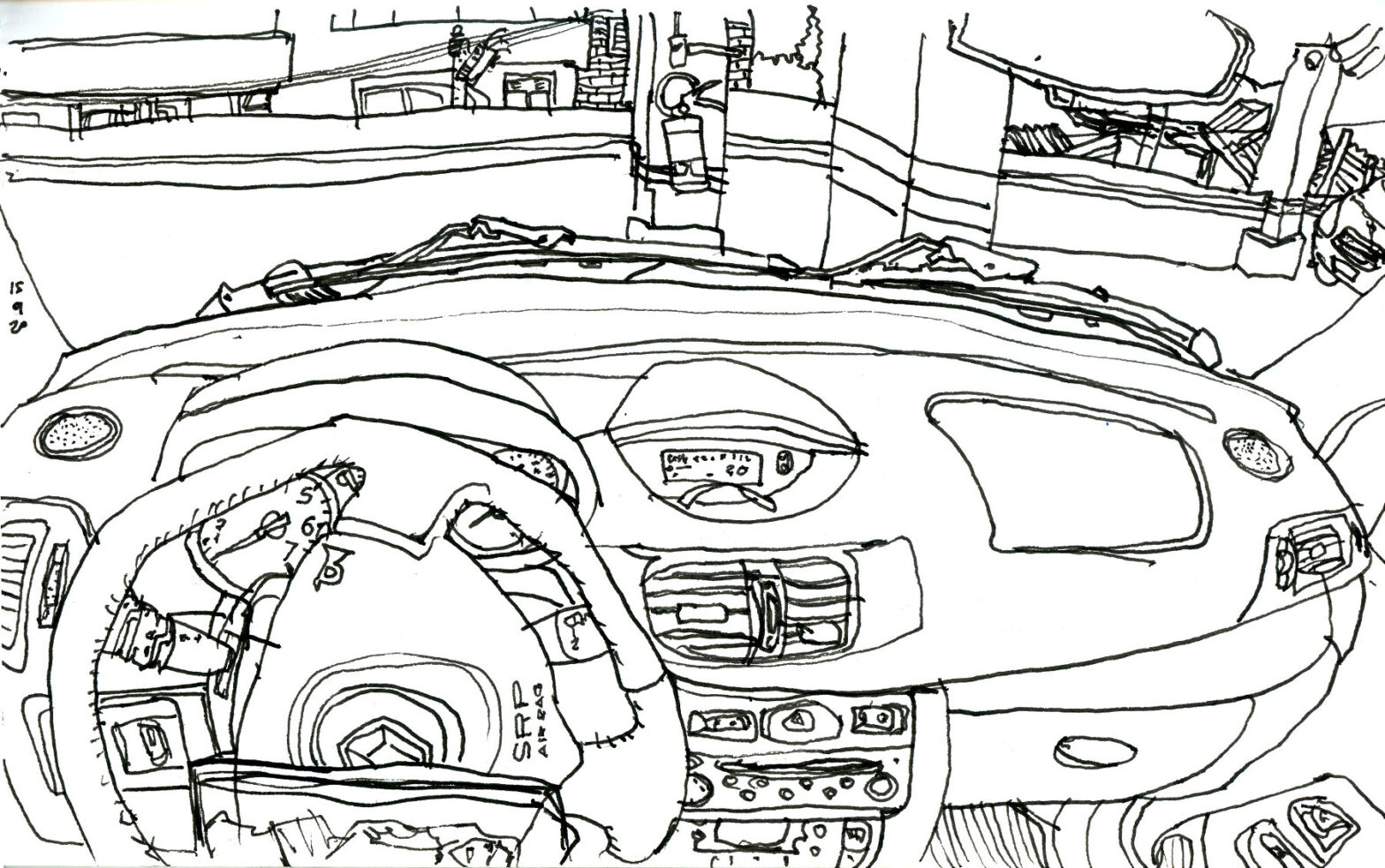 Desenho a traço do painel de um carro tendo como fundo o muro de um estacionamento