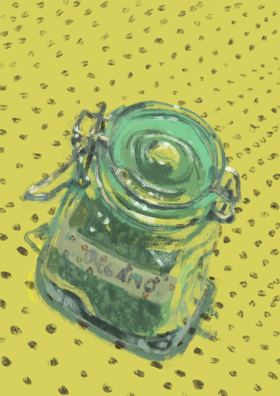 Pintura digital de um pote de vidro pequeno com orégano dentro e uma fita colada escrito "orégano" à mão.