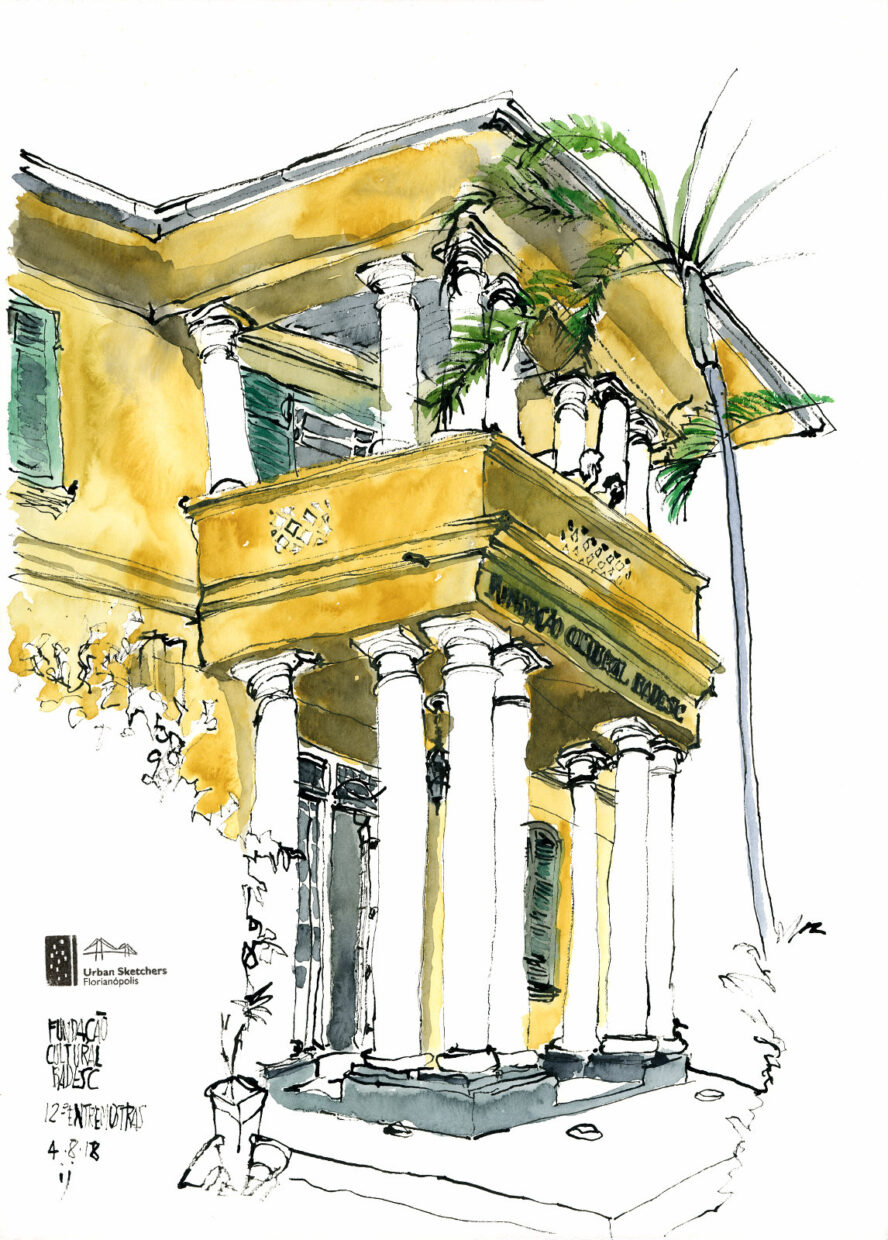 Desenho a traço colorido com aquarela da fachada da Fundação Cultural Badesc, mostrando o frontão com a sacada sustentada por colunas