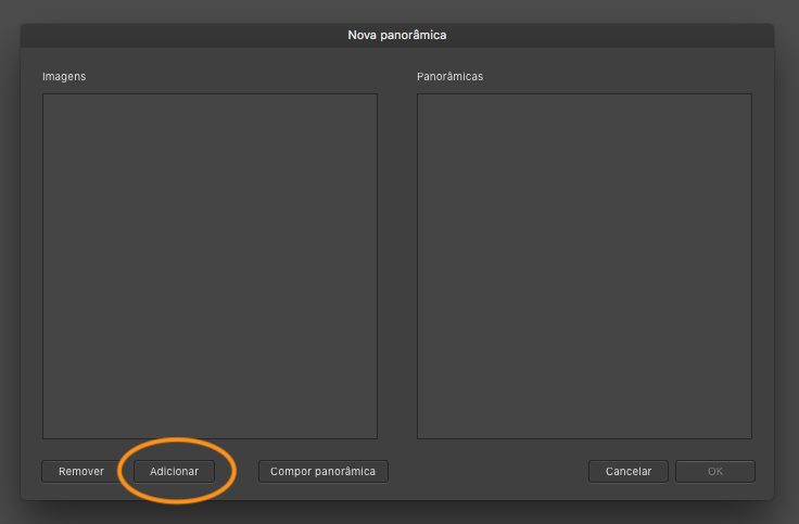 Caixa de diálogo para criar panorâmica do Affinity Photo