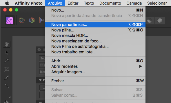 Menu do software Affinity Photo