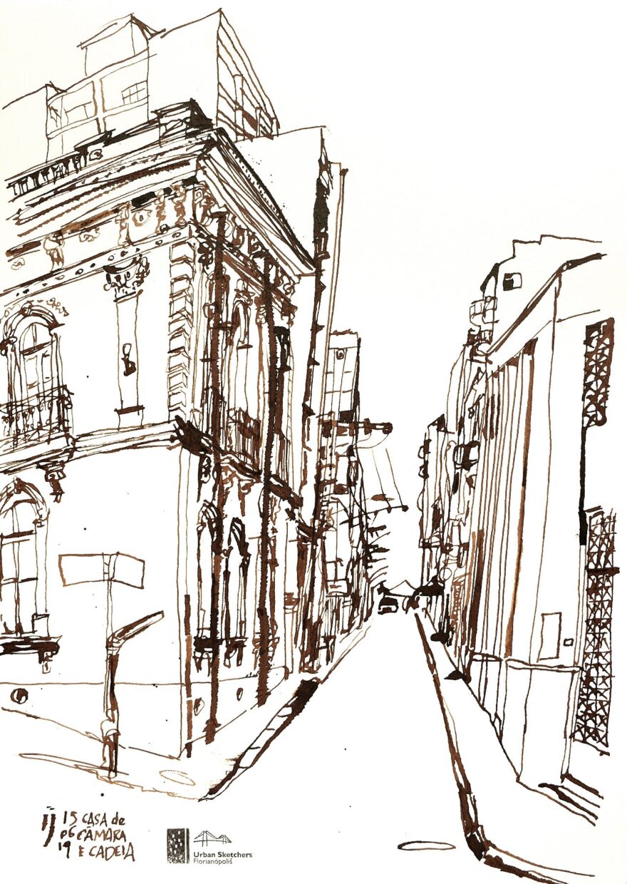 Desenho a traço em marrom escuro mostrando os dois prédios históricos em primeiro plano e ao fundo a rua em linha reta com postes e outras construções