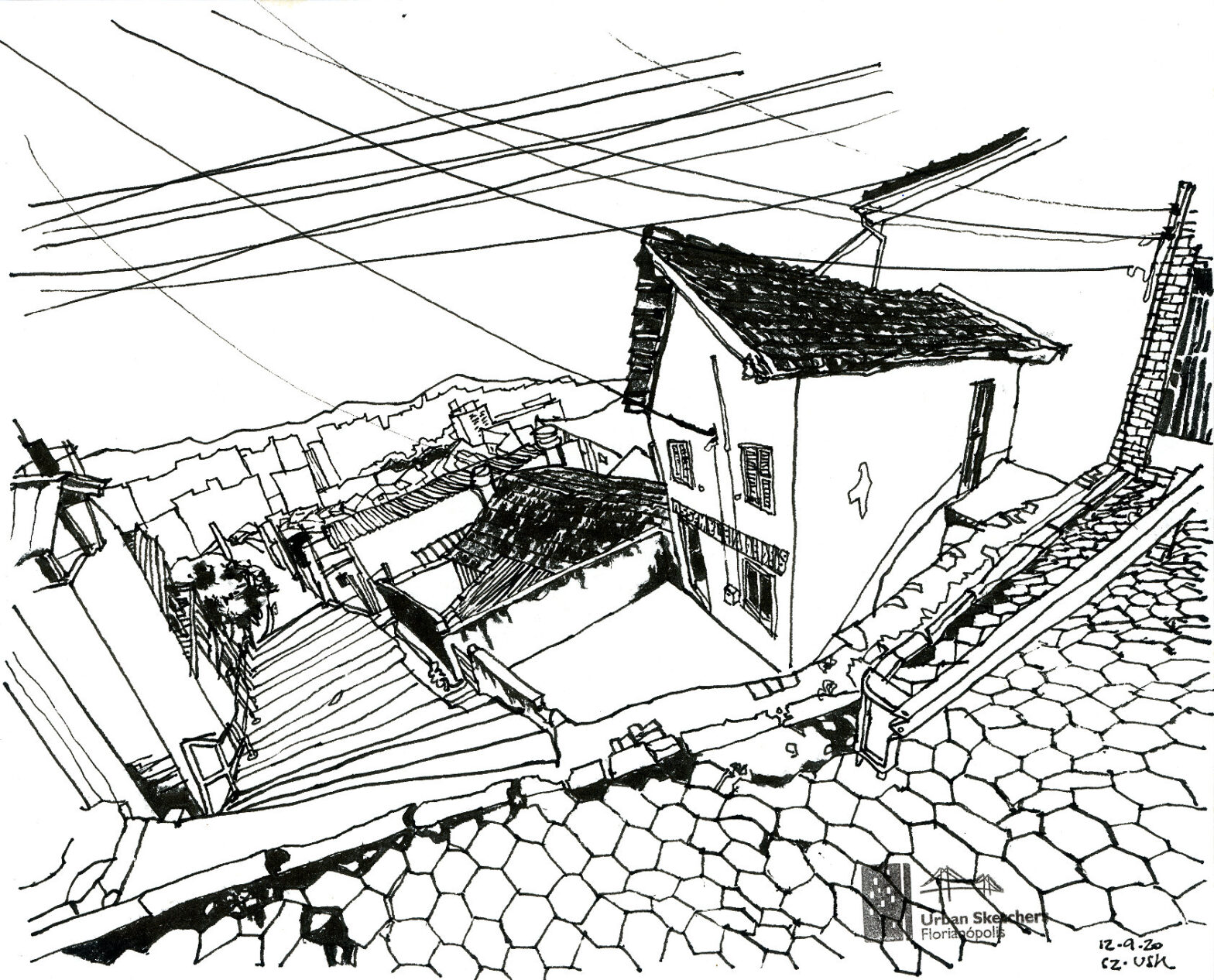 Desenho a traço da escadaria do Morro da Mariquinha vista a partir de cima com casas ao lado e rua de lajota em primeiro plano