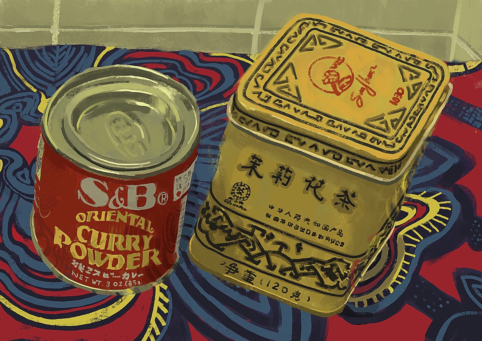 Pintura colorida com duas latas em primeiro plano. A da esquerda, onde se lê “Oriental curry powder” é menor, cilíndrica e vermelha. A outra é um paralelepípedo amarelo com caracteres chineses. Cobrindo a superfície, tem uma toalha estampada colorida