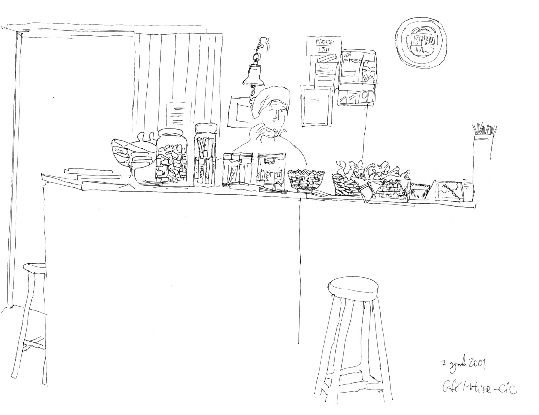 Desenho a traço mostrando o balcão do café com um banco em primeiro plano, doces em cima do balcão e atrás, a atendente