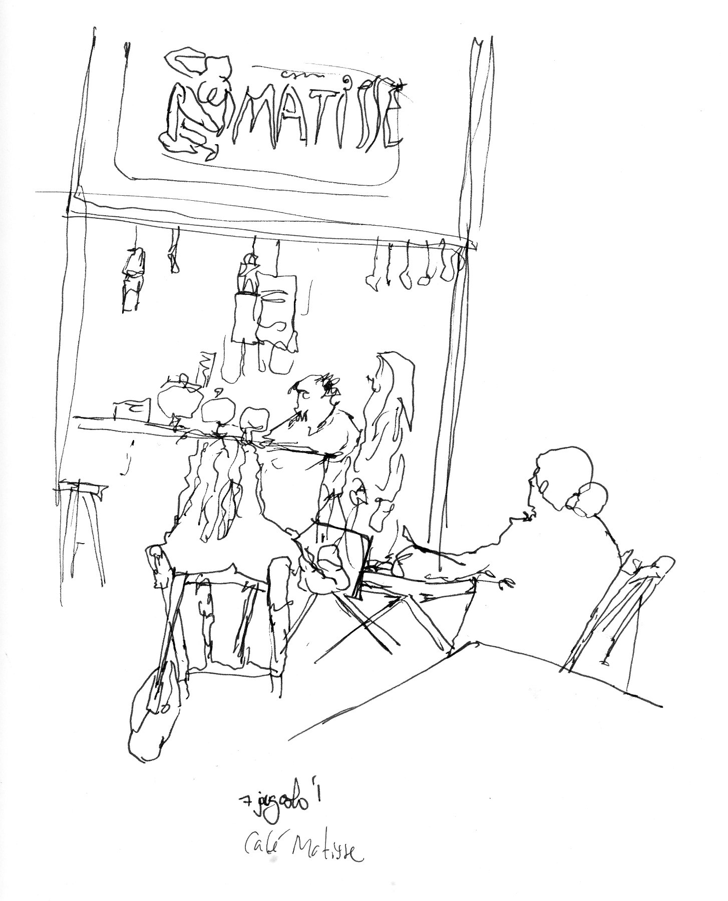 Desenho a traço mostrando pessoas sentadas nas mesas e a placa com o nome Matisse