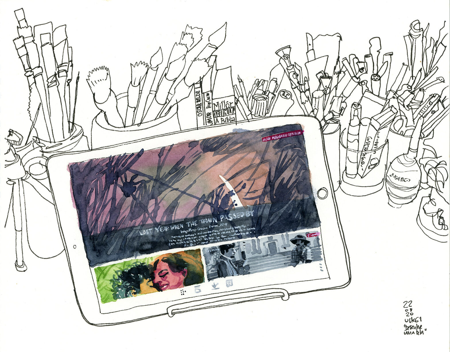 Desenho mostrando um tablet em primeiro plano com vários materiais de desenho ao fundo. Só a tela do tablet é colorida