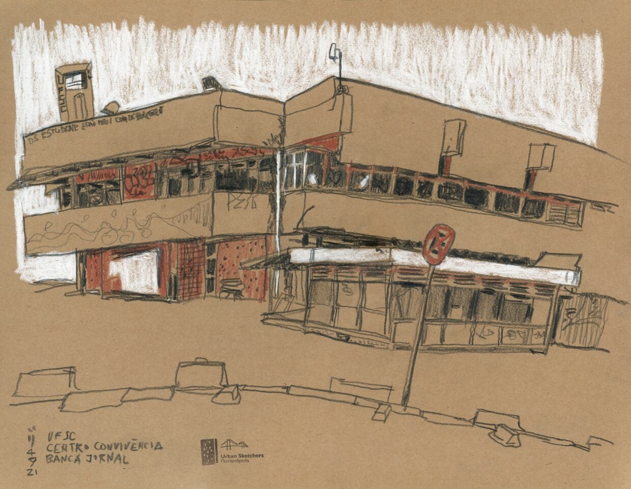 Desenho mostrando duas laterais do Centro de Convivência com a banca de jornal em primeiro plano