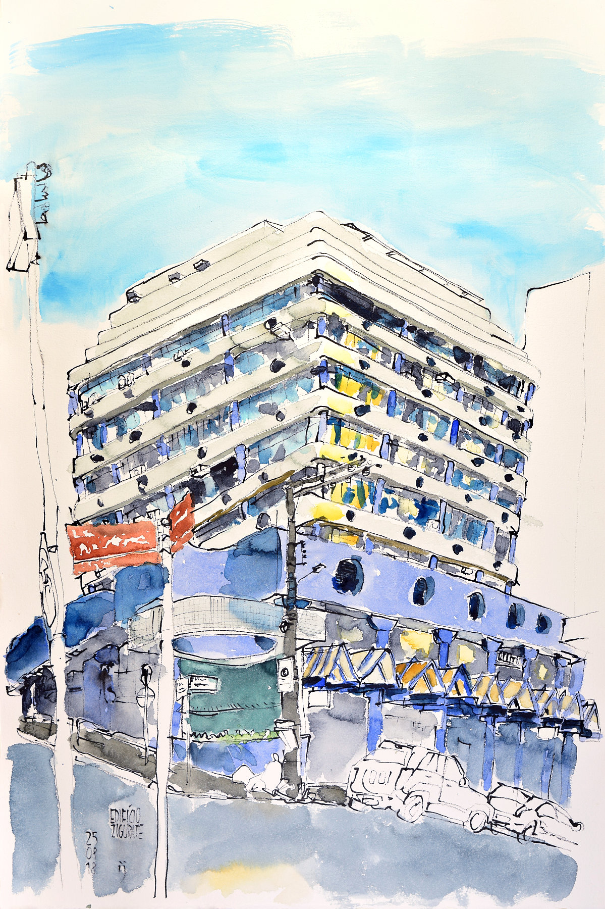 Desenho a traço colorido com aquarela do edifício Zigurate, em uma esquina, com volumes horizontais nas duas fachadas