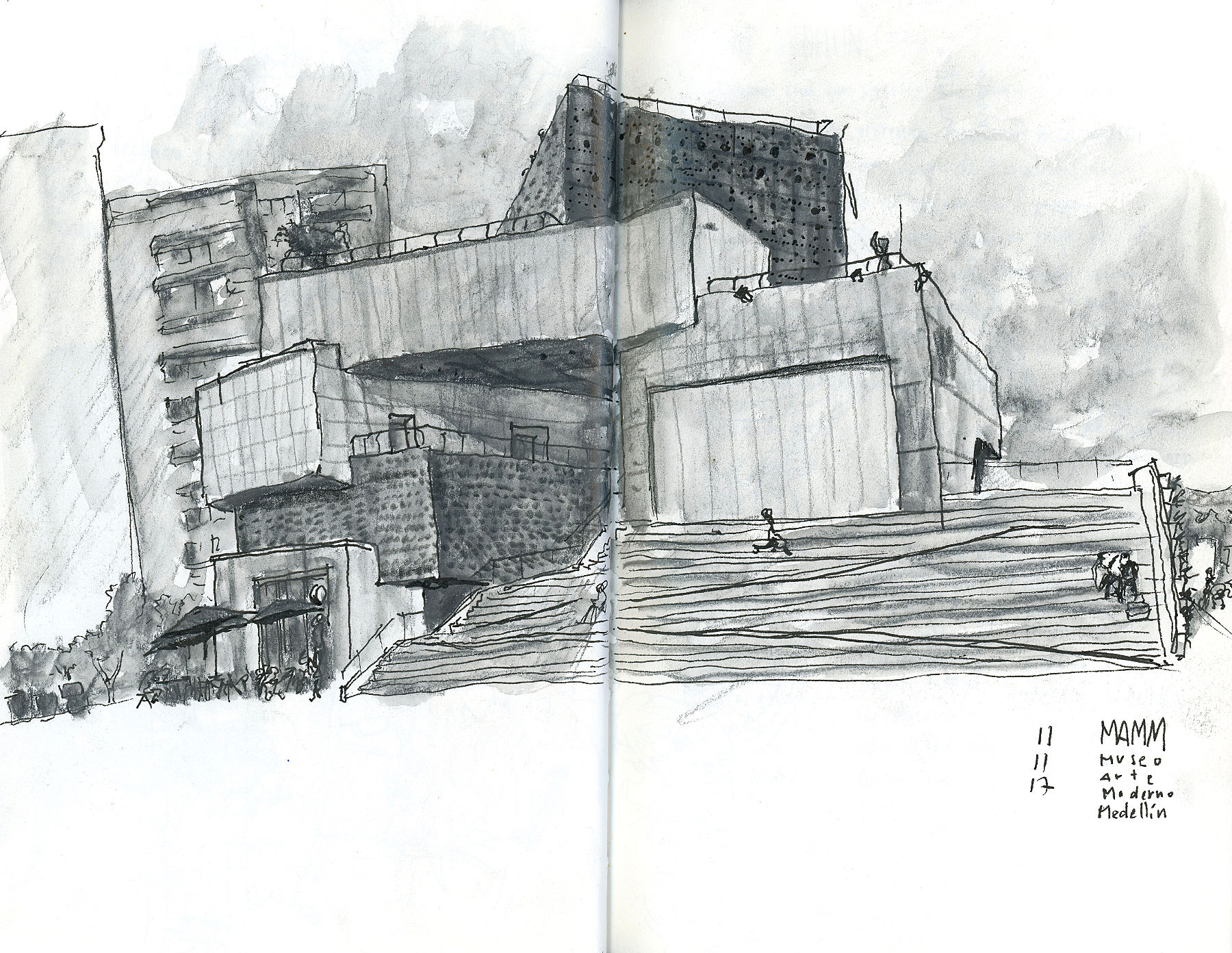 Desenho a lápis e caneta preta mostrando fachada do Museo de Arte Moderno de Medellín