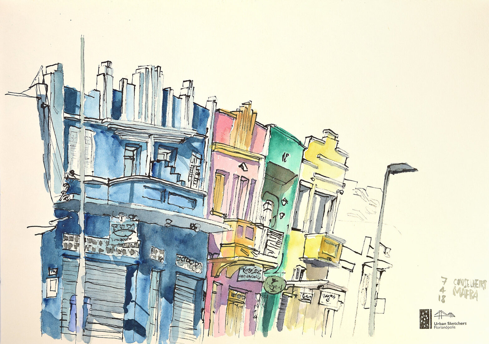 Desenho a traço e colorido com aquarela mostrando fachadas de quatro lojas da rua Conselheiro Mafra, cada uma de uma cor diferente
