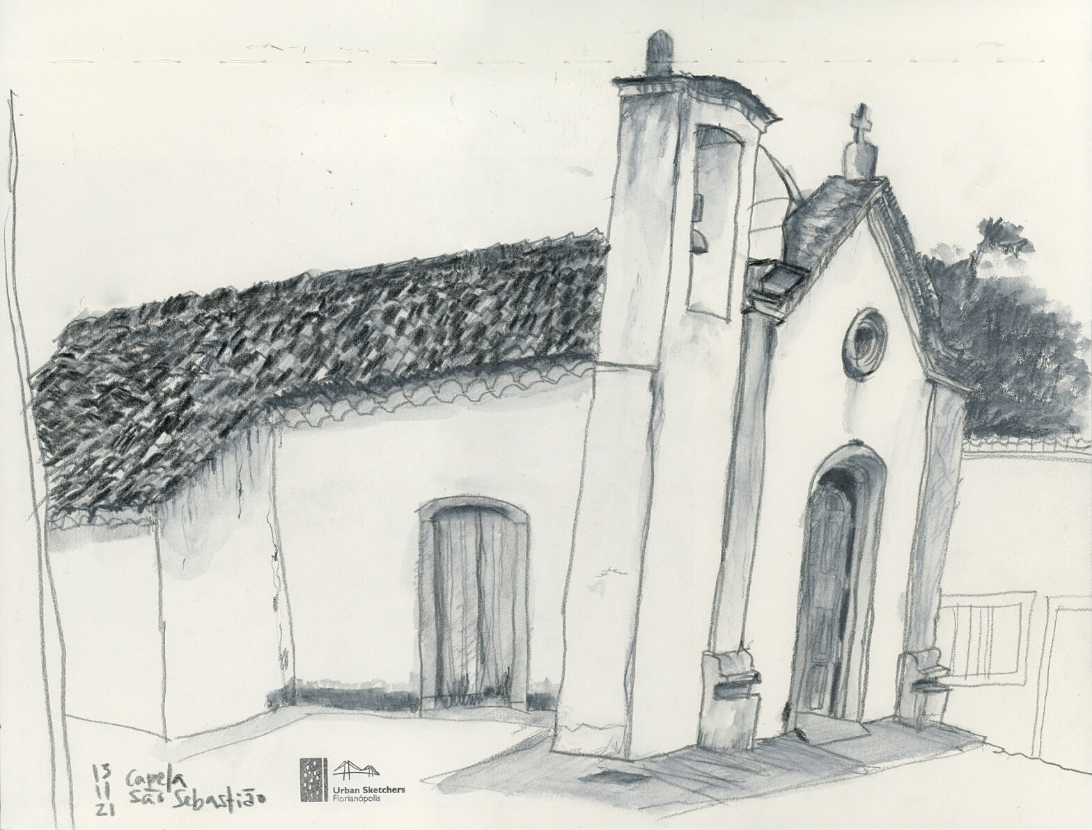 Desenho a lápis mostrando fachada e lateral da capela São Sebastião, no Campeche, de arquitetura açoriana