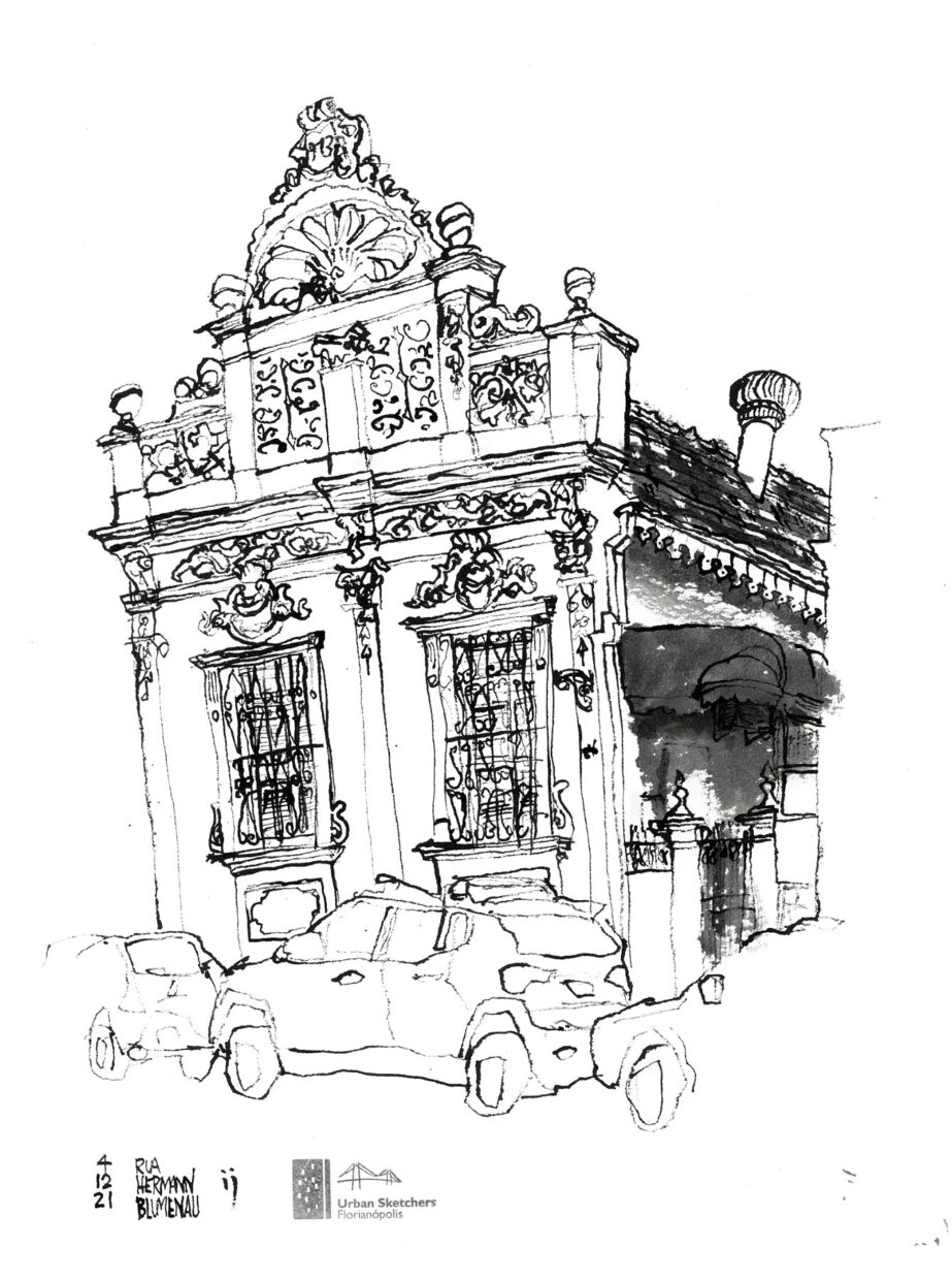Desenho a nanquim, em preto e branco, de um casarão da rua Hermann Blumenau