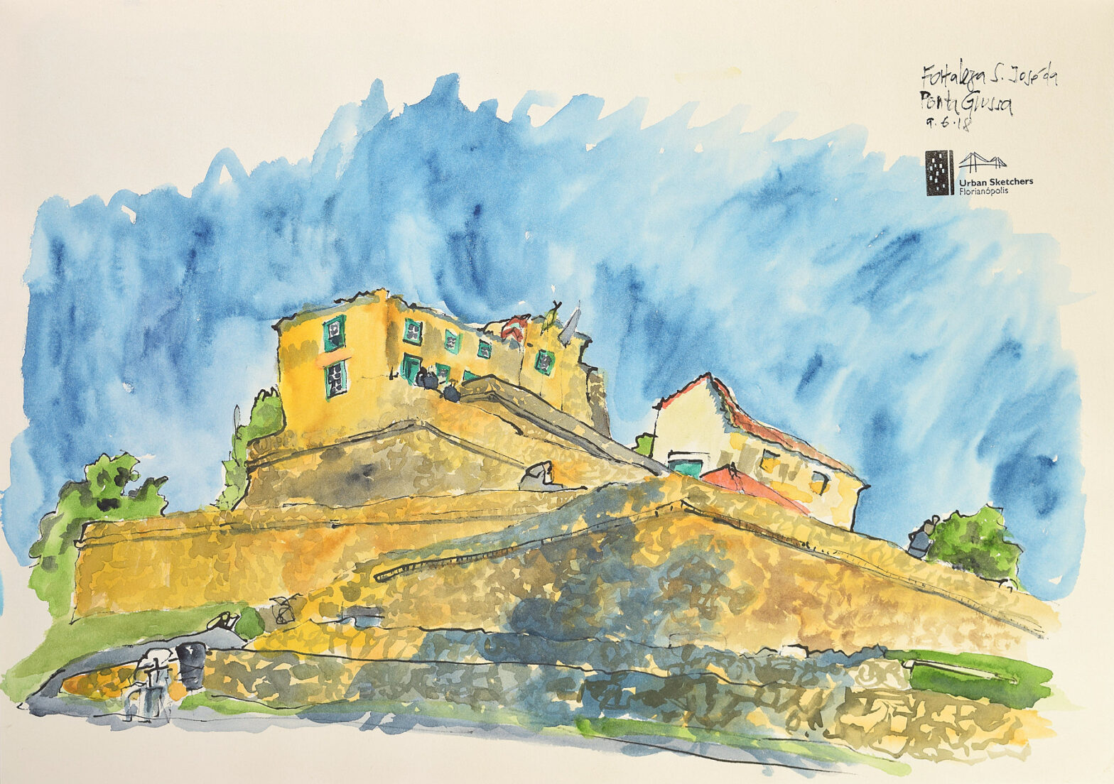 Desenho a aquarela da Fortaleza de São José da Ponta Grossa, no norte de Florianópolis