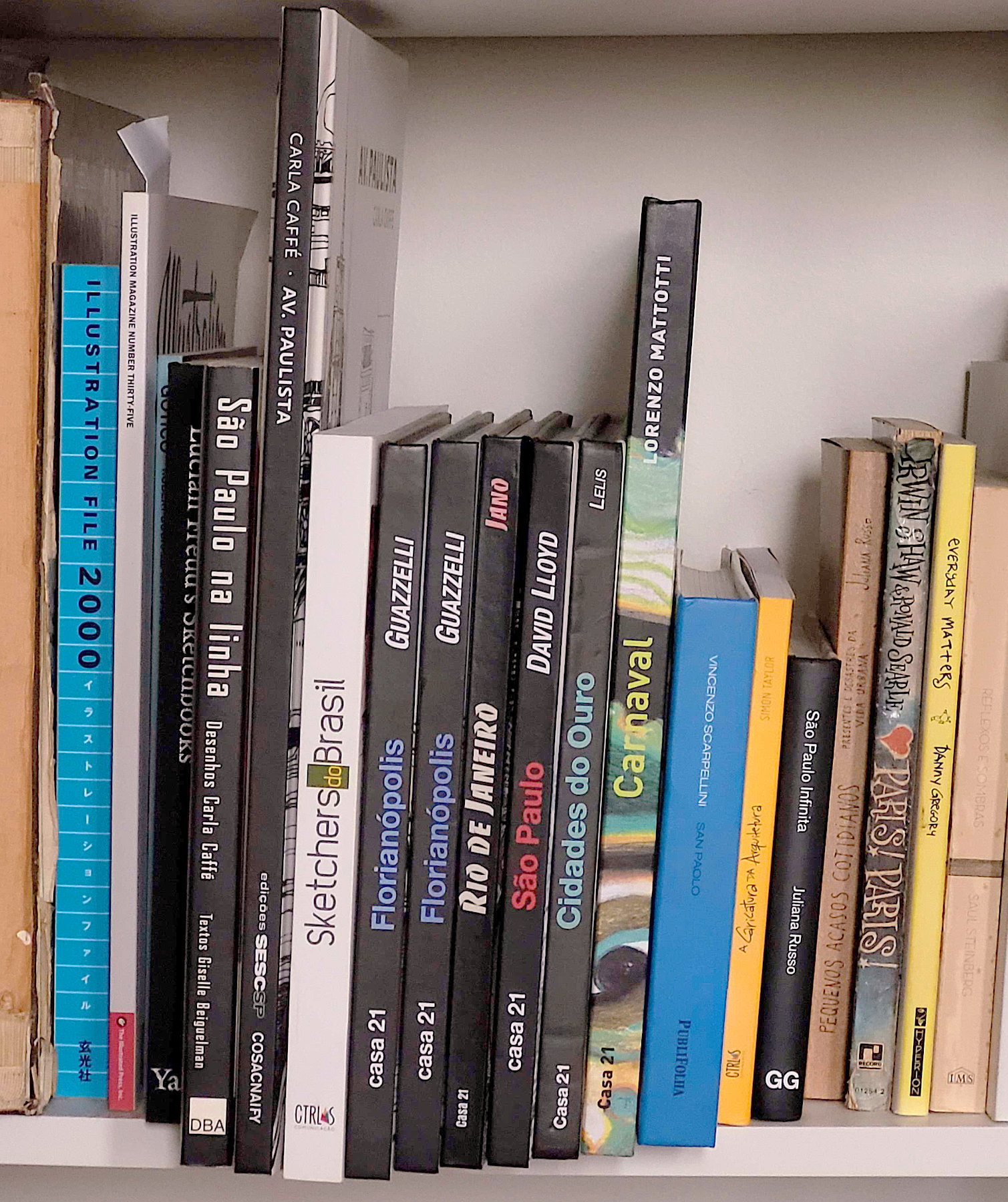 Foto de uma estante com livros de desenho vistos pela lombada