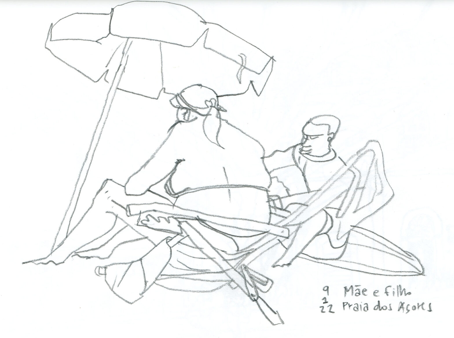 Desenho a lápis: mulher sentada em uma cadeira de praia sob um guarda-sol. Ao lado, um rapaz sentado em uma prancha de surf