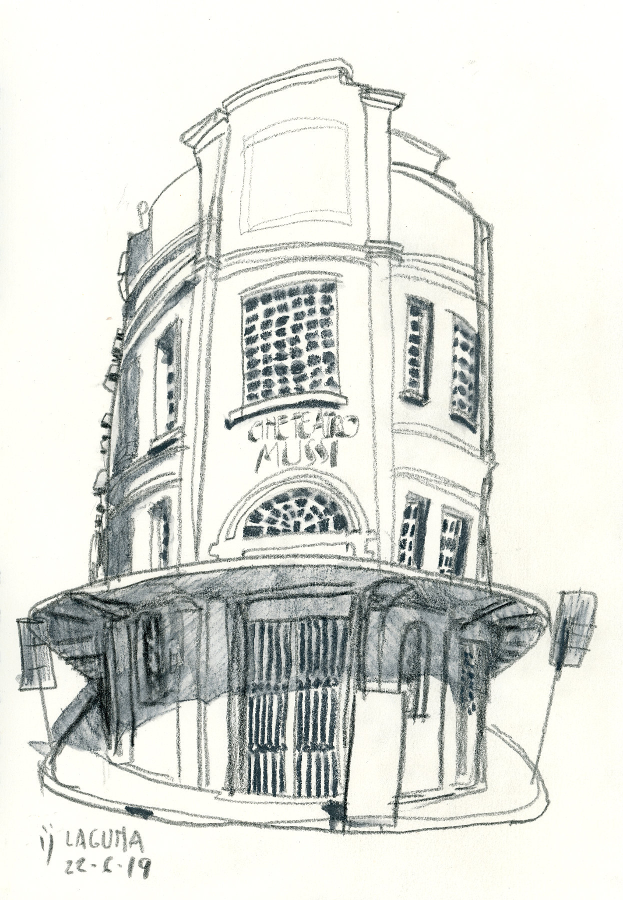 Desenho a lápis da fachada do Cine Teatro Mussi
