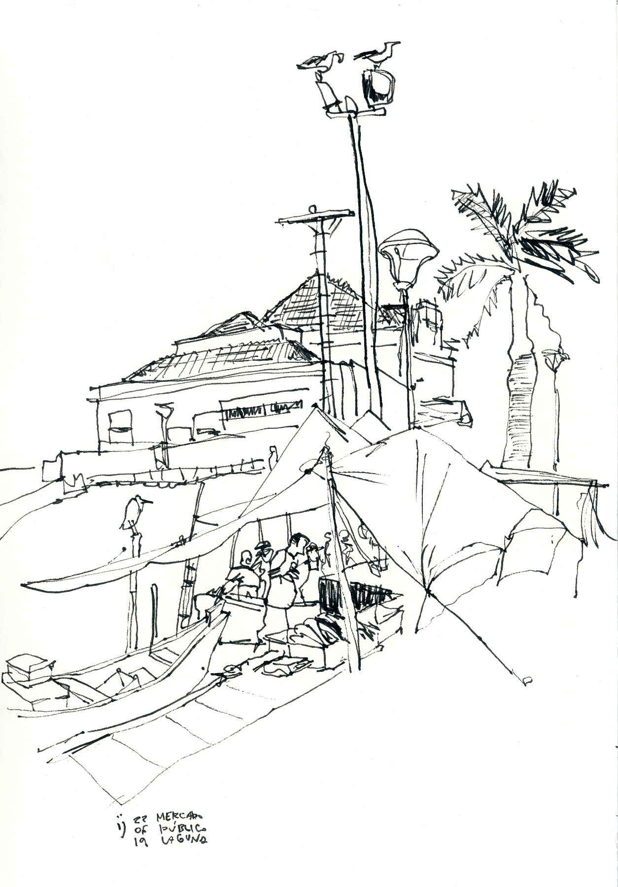 Desenho a traço de vendedores de peixe com o Mercado Público de Laguna ao fundo