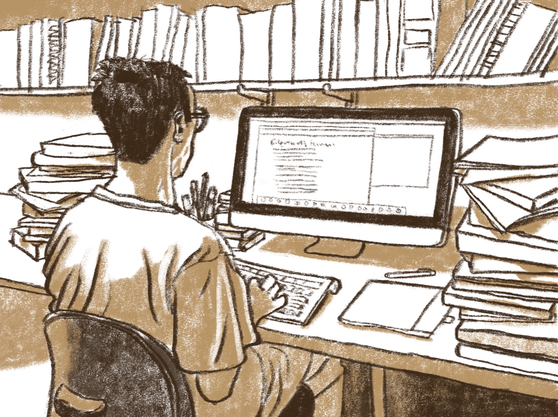 Desenho a traço em duas cores mostrando autor na mesa escrevendo no computador, com pilhas de livros dos dois lados da mesa e em cima da estante
