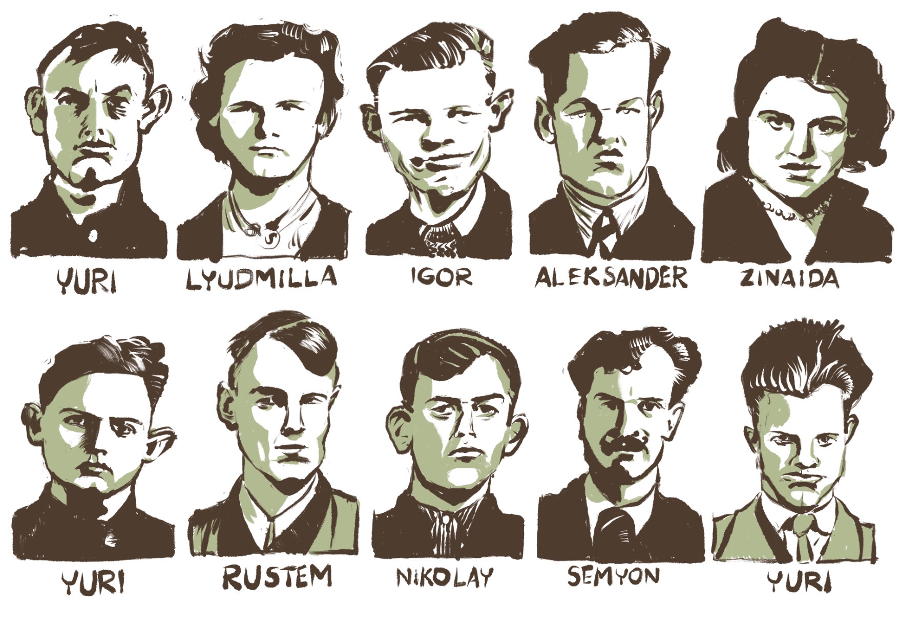 Desenho de dez participantes da expedição que culminou no Incidente do Passo Dyatlov