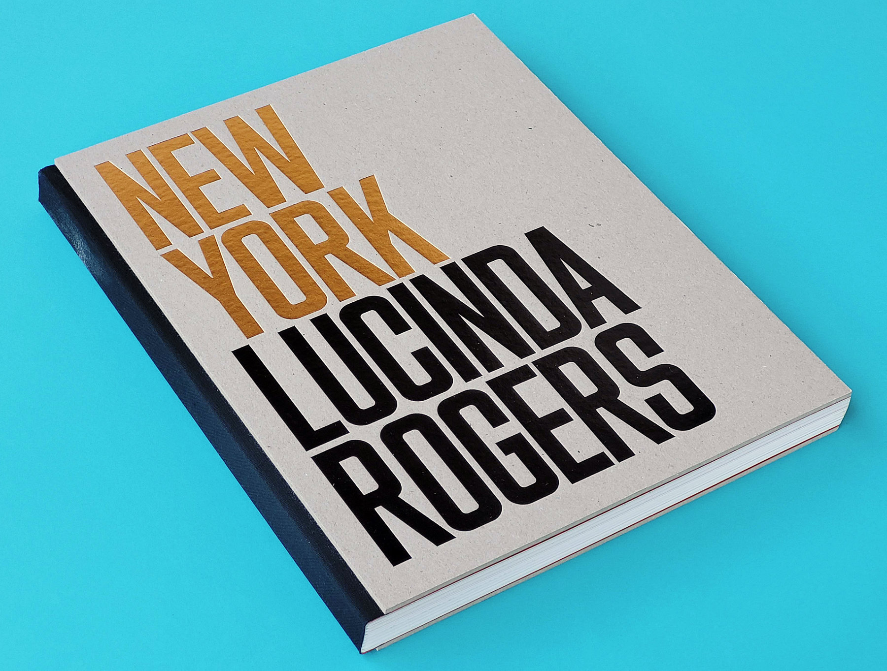 Foto do livro. Na capa, em papel cinza cru, se lê “New York” (em dourado) e “Lucinda Rogers” (em preto)