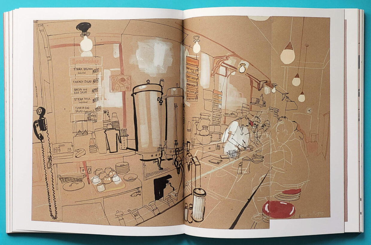 Livro aberto mostrando desenho do interior de uma lanchonete