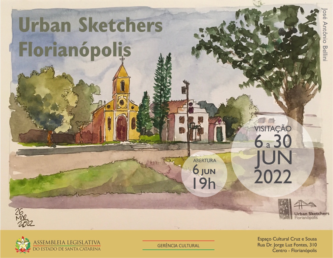Convite exposição Urban Sketchers Florianópolis na Assembleia Legislativa de SC, de 6 a 30 de junho de 2022