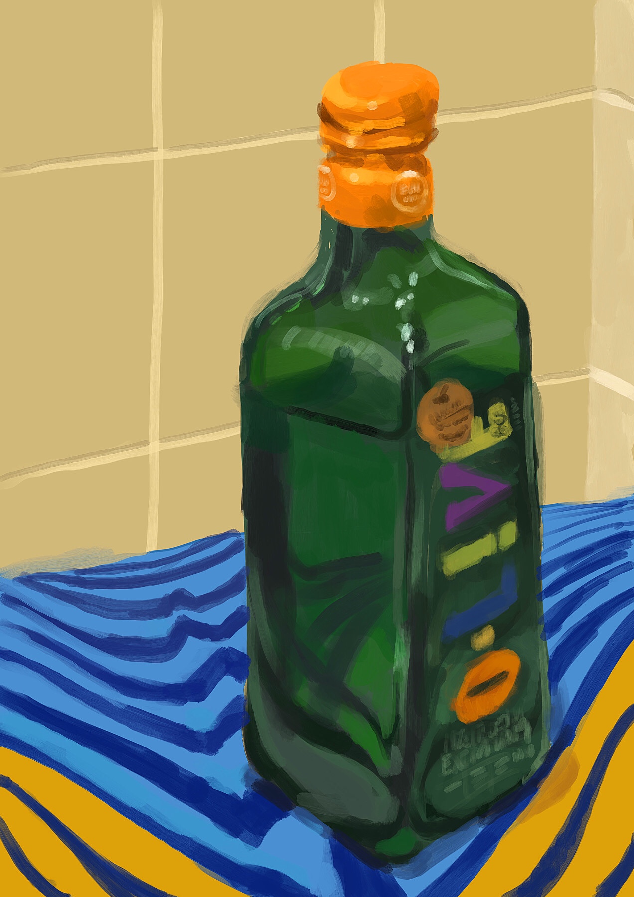 Pintura digital de uma garrafa de azeite sobre toalha de mesa colorida