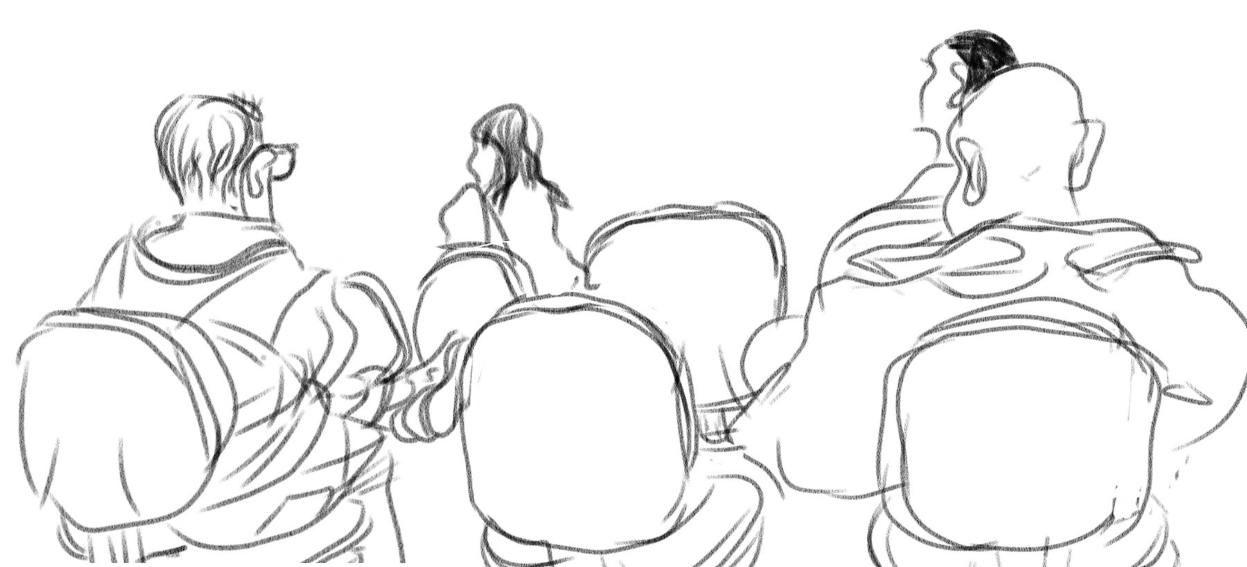 Desenho de pessoas sentadas na sala de atendimento na Caixa