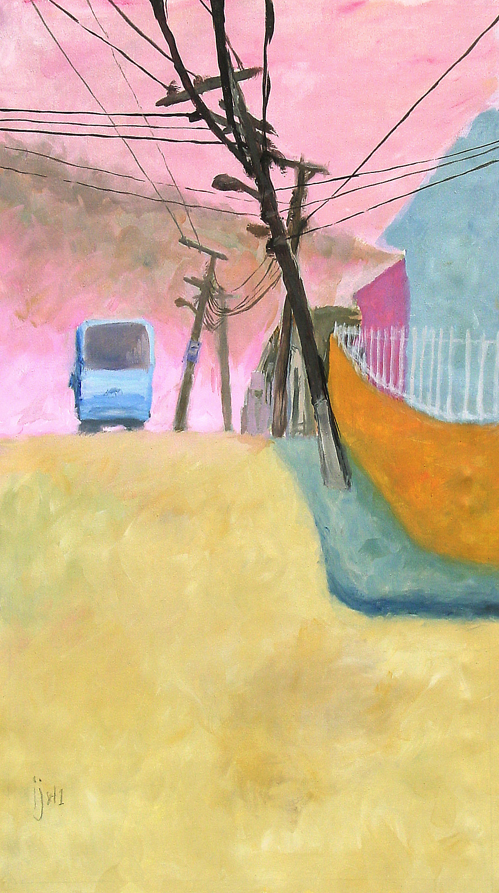 Pintura de um ônibus subindo o morro, com postes em primeiro plano