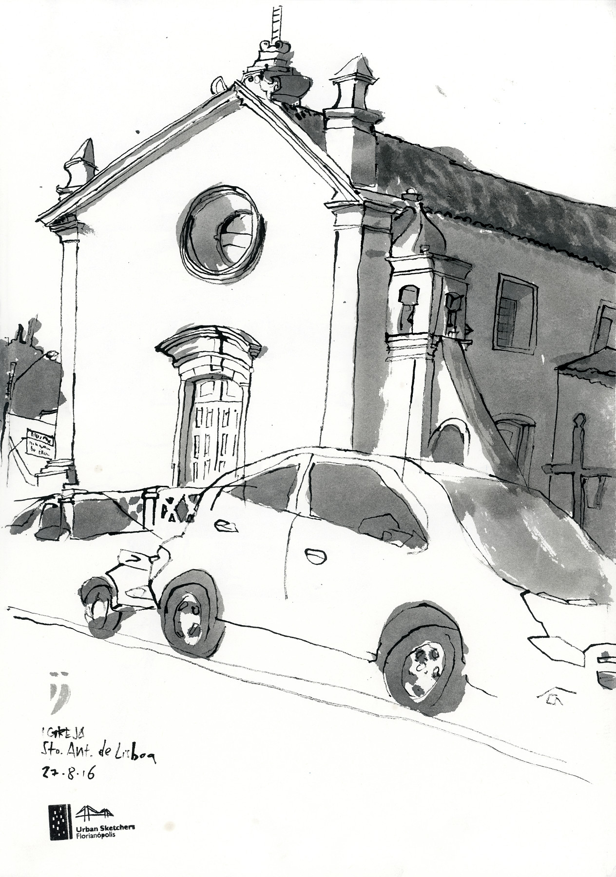 Desenho a traço da fachada e da lateral da igreja com carros estadionados na frente