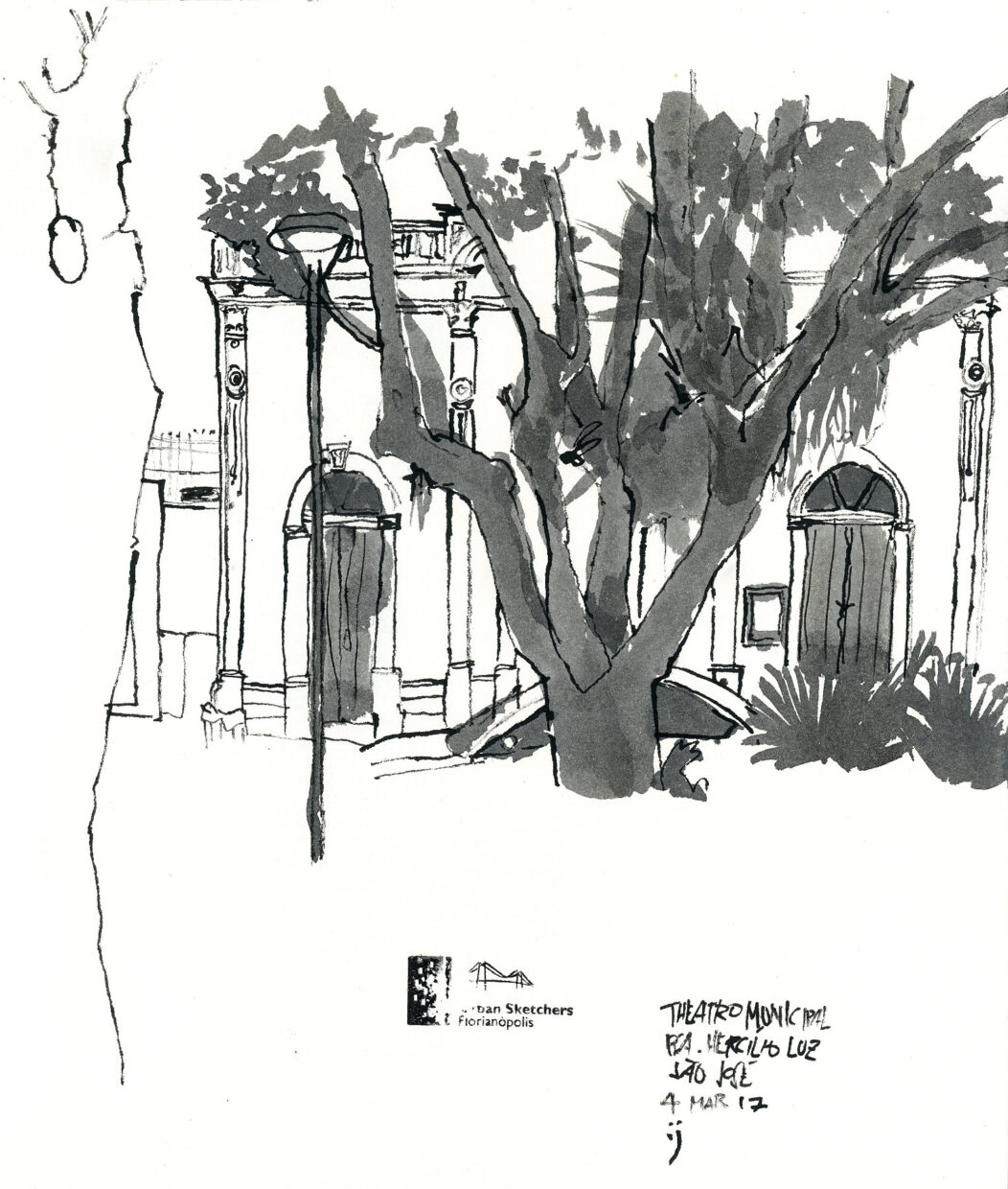 Desenho mostrando construção ao fundo com árvore e carro em primeiro plano